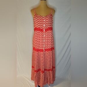 Fever Pointsietta Red & White Chevron Tiered Gauze Maxi Dress - L